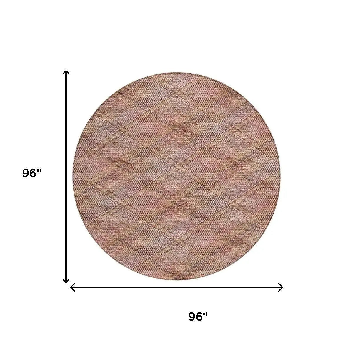 8' Pink And Beige Round Plaid Washable Indoor Outdoor Area Rug Homeroots Outdoor