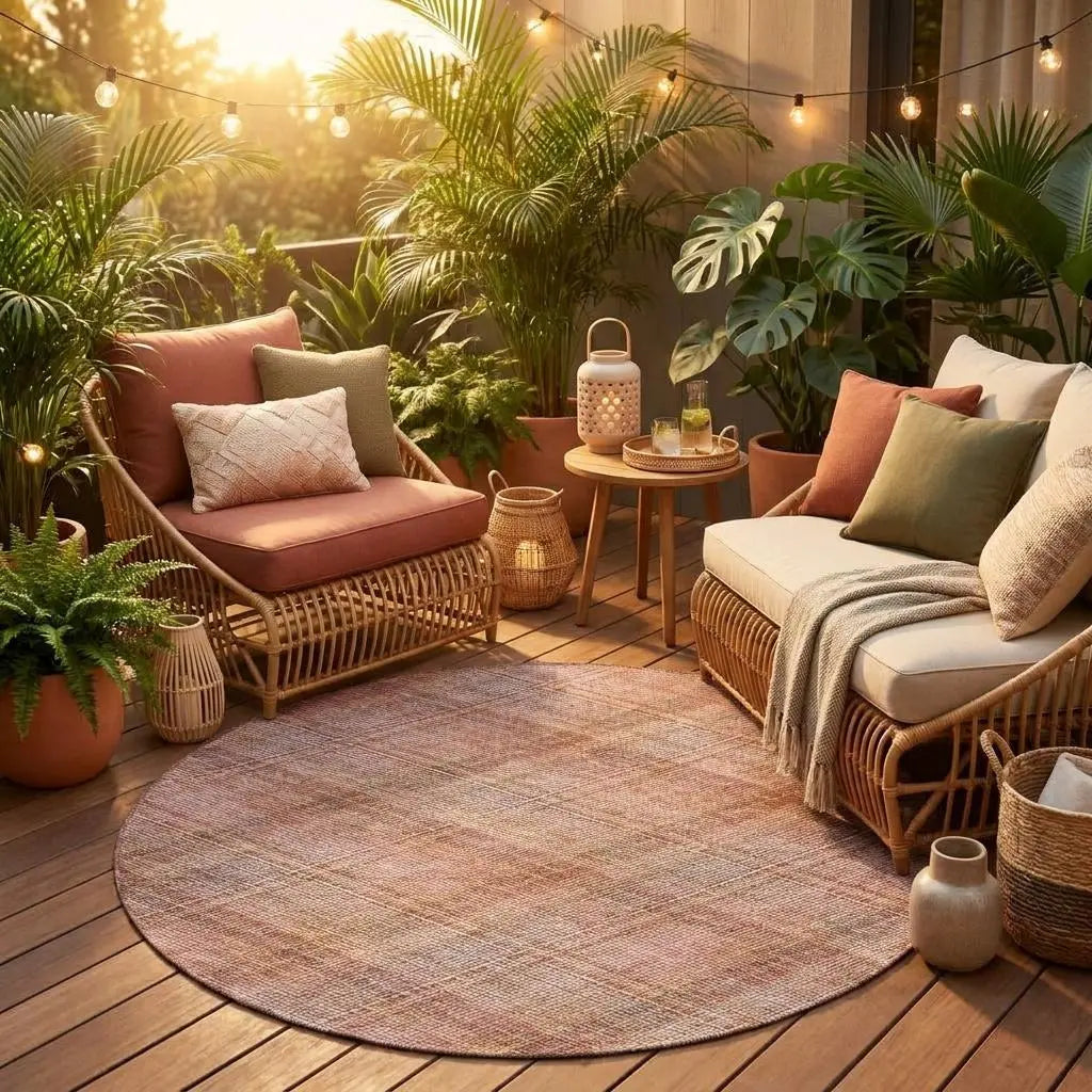 8' Pink And Beige Round Plaid Washable Indoor Outdoor Area Rug Homeroots Outdoor