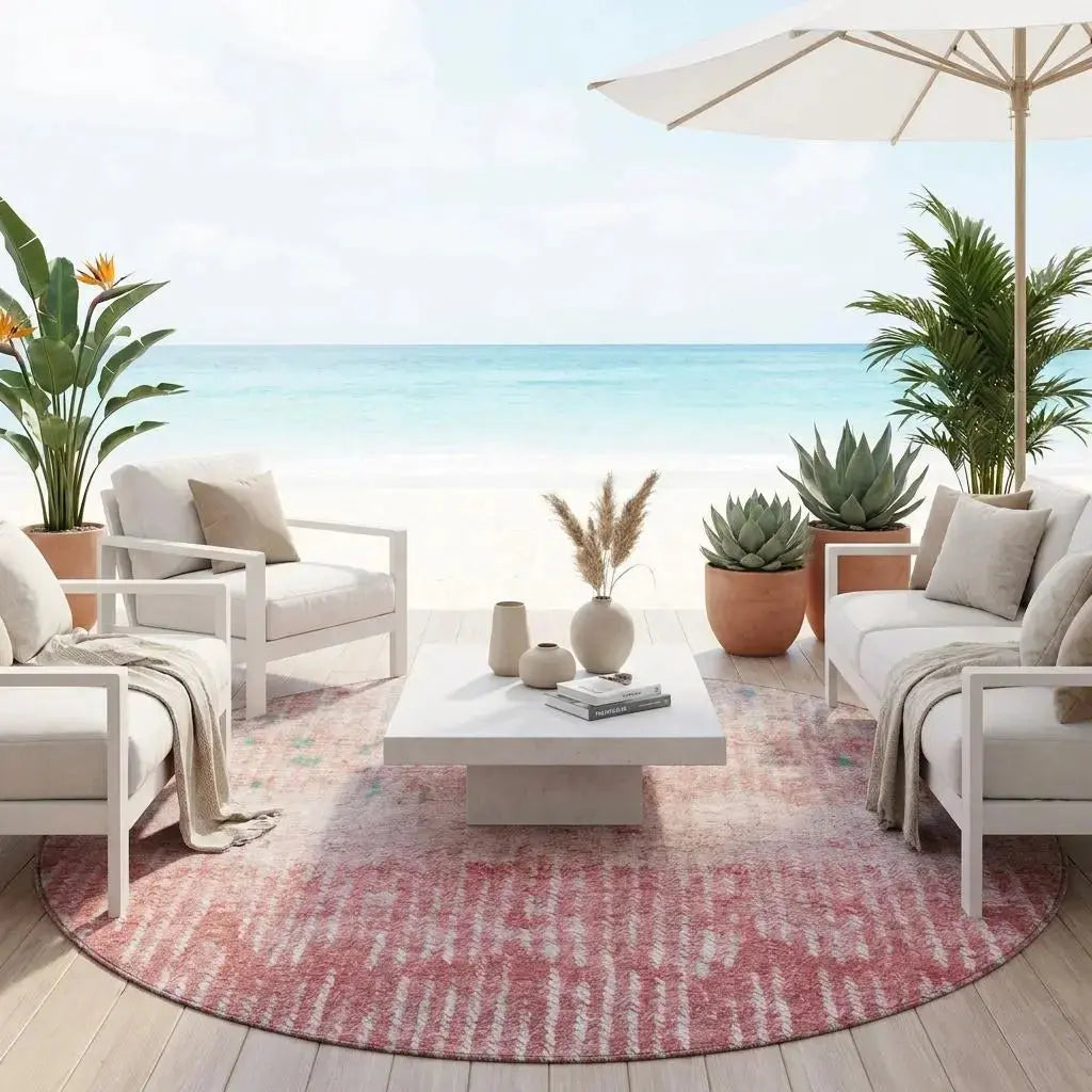 8' Pink And Blush Round Abstract Washable Indoor Outdoor Area Rug Homeroots Outdoor