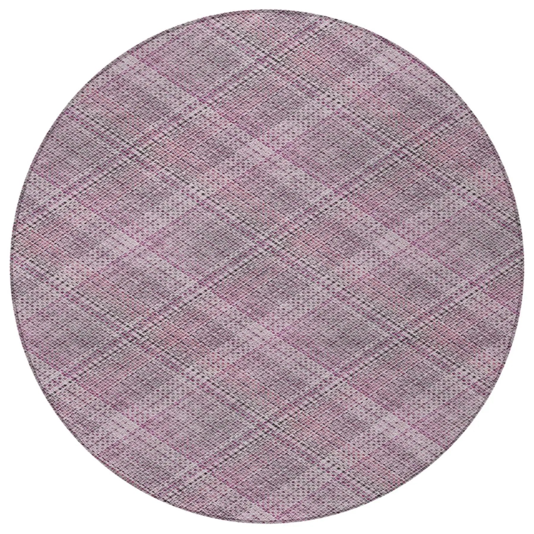 8' Pink And Blush Round Plaid Washable Indoor Outdoor Area Rug Homeroots Outdoor