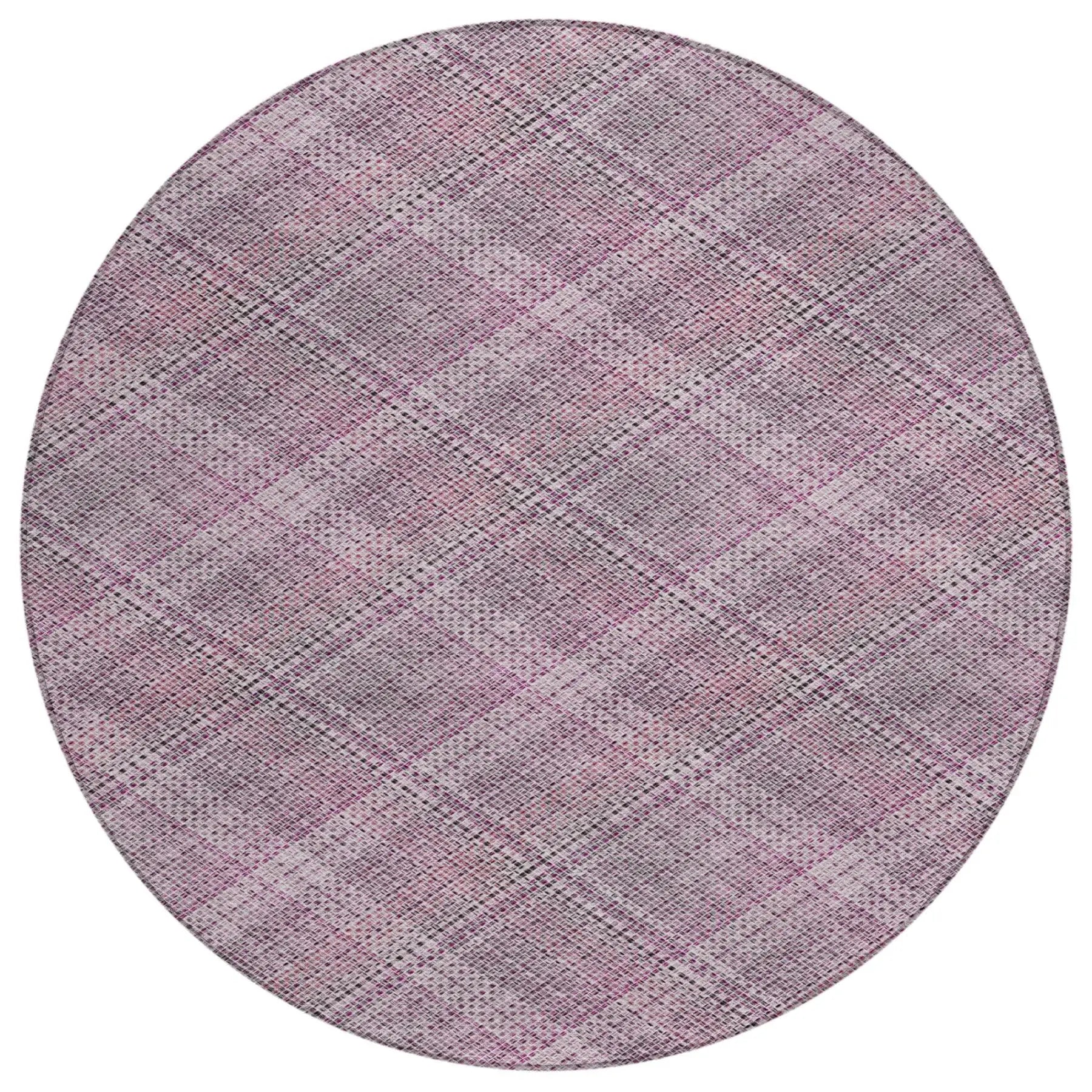 8' Pink And Blush Round Plaid Washable Indoor Outdoor Area Rug Homeroots Outdoor