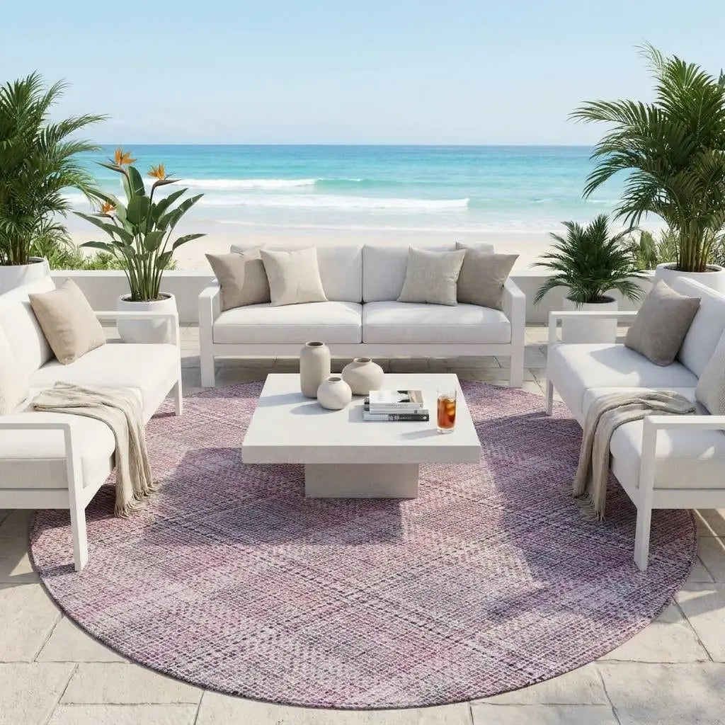 8' Pink And Blush Round Plaid Washable Indoor Outdoor Area Rug Homeroots Outdoor