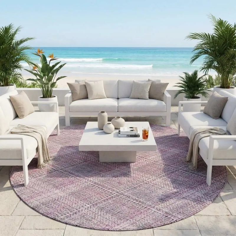 8' Pink And Blush Round Plaid Washable Indoor Outdoor Area Rug Homeroots Outdoor