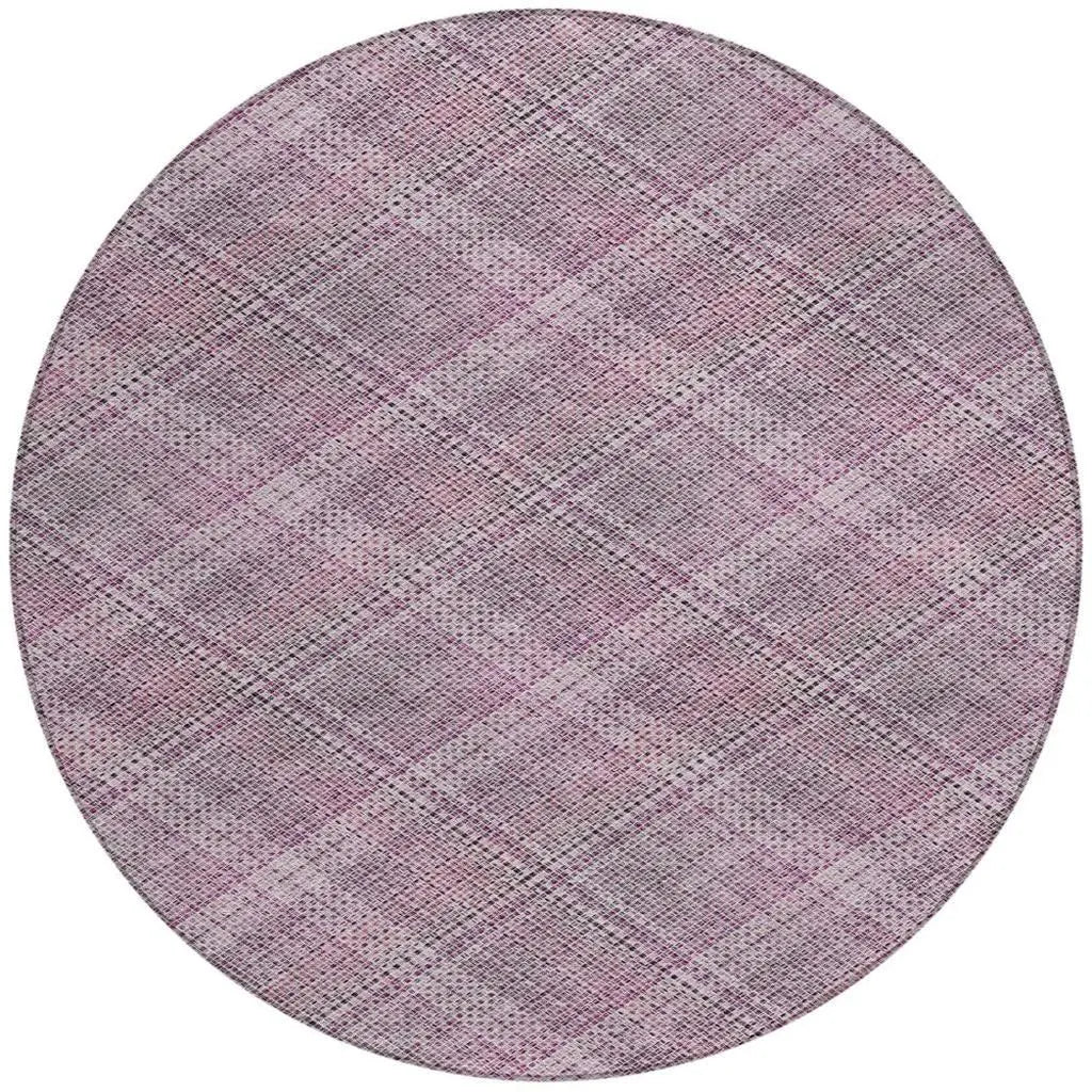 8' Pink And Blush Round Plaid Washable Indoor Outdoor Area Rug Homeroots Outdoor