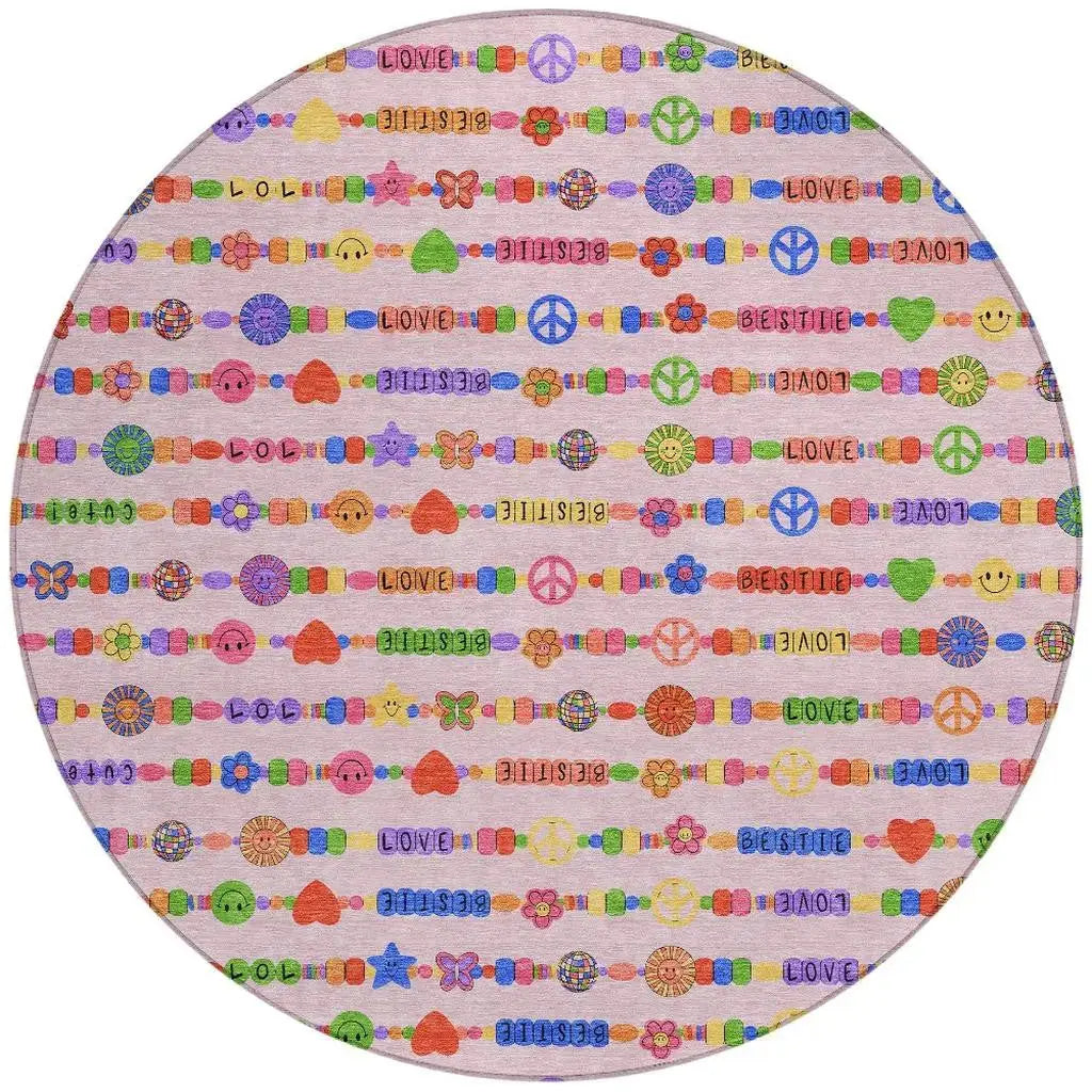 8' Pink And Fern Green Round Geometric Washable Indoor Outdoor Area Rug Homeroots Outdoor