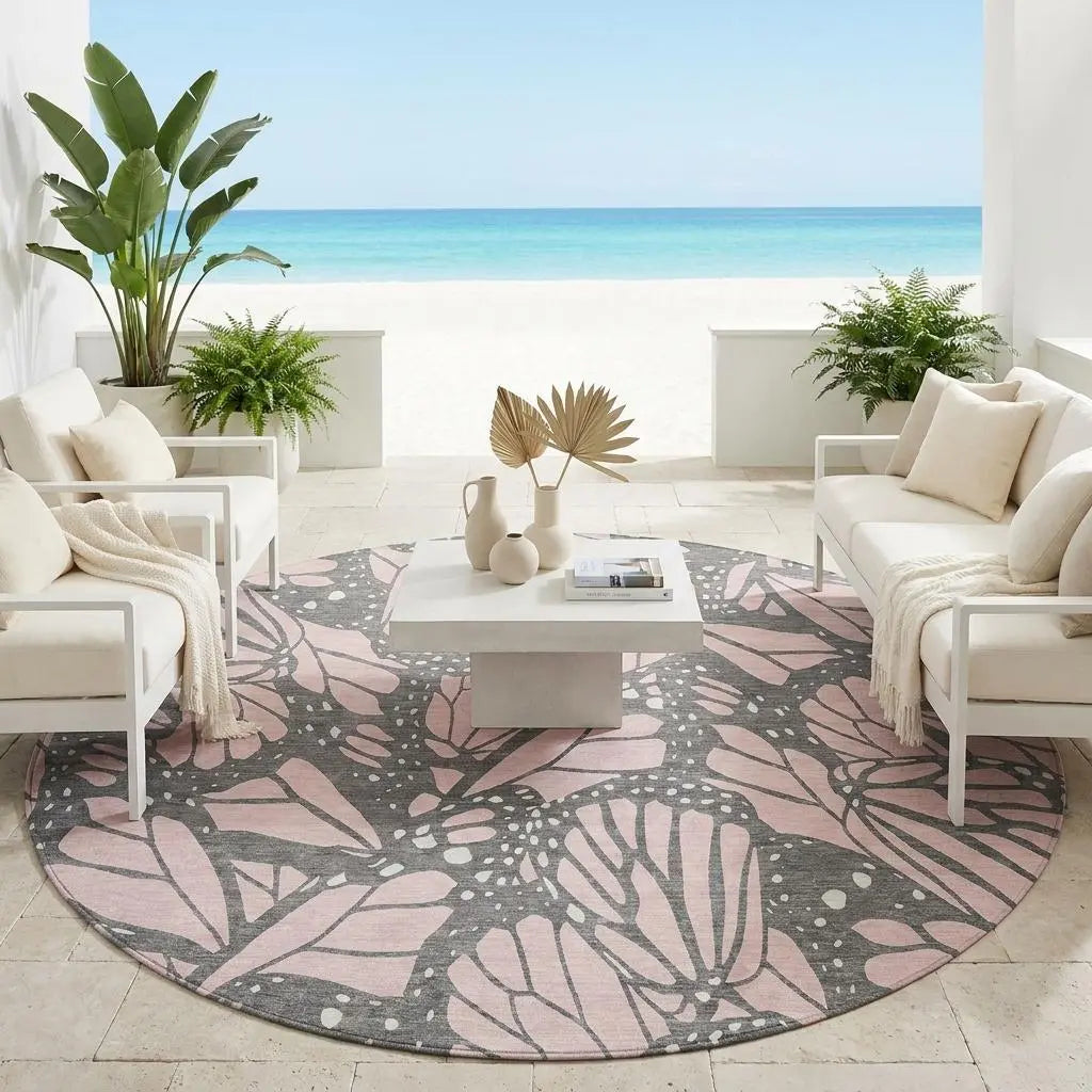 8' Pink And Graphite Round Animal Print Washable Indoor Outdoor Area Rug Homeroots Outdoor