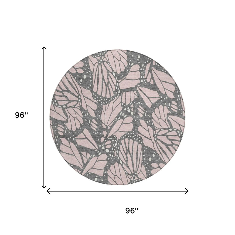 8' Pink And Graphite Round Animal Print Washable Indoor Outdoor Area Rug Homeroots Outdoor