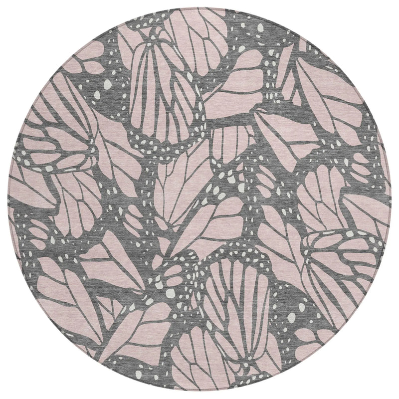 8' Pink And Graphite Round Animal Print Washable Indoor Outdoor Area Rug Homeroots Outdoor