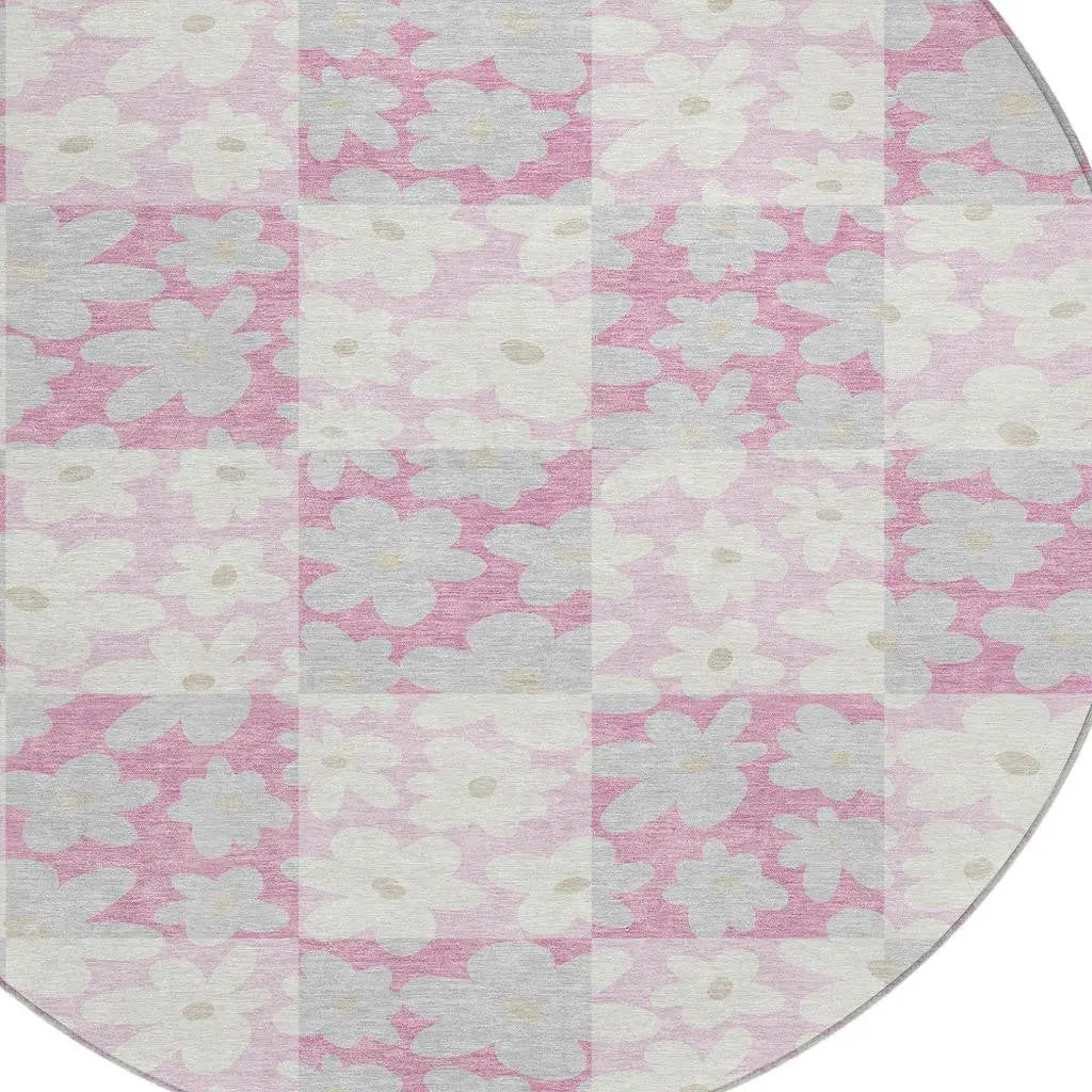 8' Pink And Gray Round Floral Washable Indoor Outdoor Area Rug Homeroots Outdoor