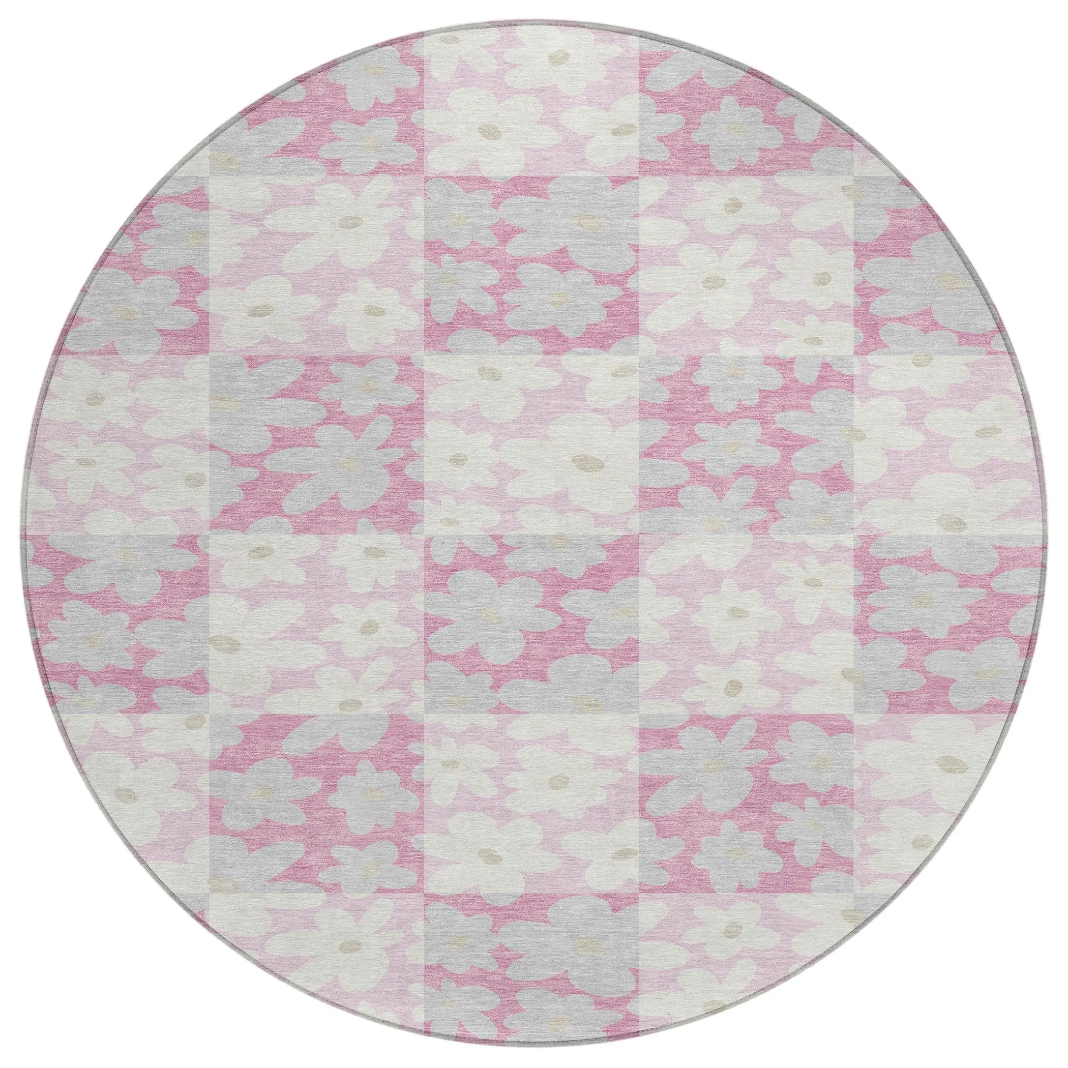 8' Pink And Gray Round Floral Washable Indoor Outdoor Area Rug Homeroots Outdoor