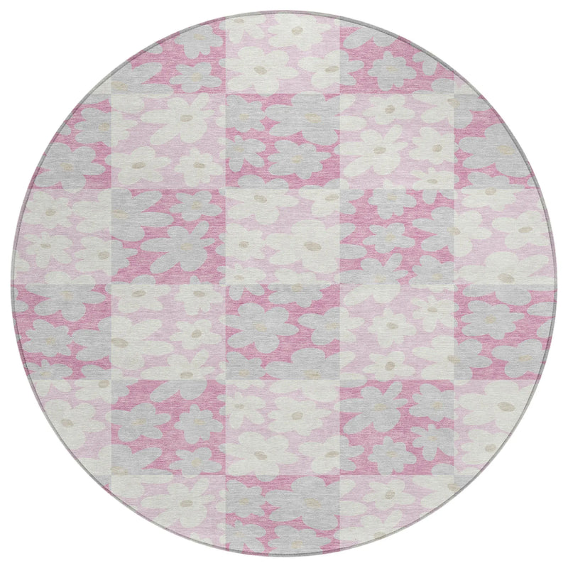 8' Pink And Gray Round Floral Washable Indoor Outdoor Area Rug Homeroots Outdoor