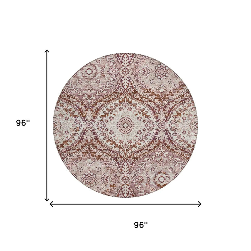 8' Pink And Green Round Ogee Washable Indoor Outdoor Area Rug Homeroots Outdoor