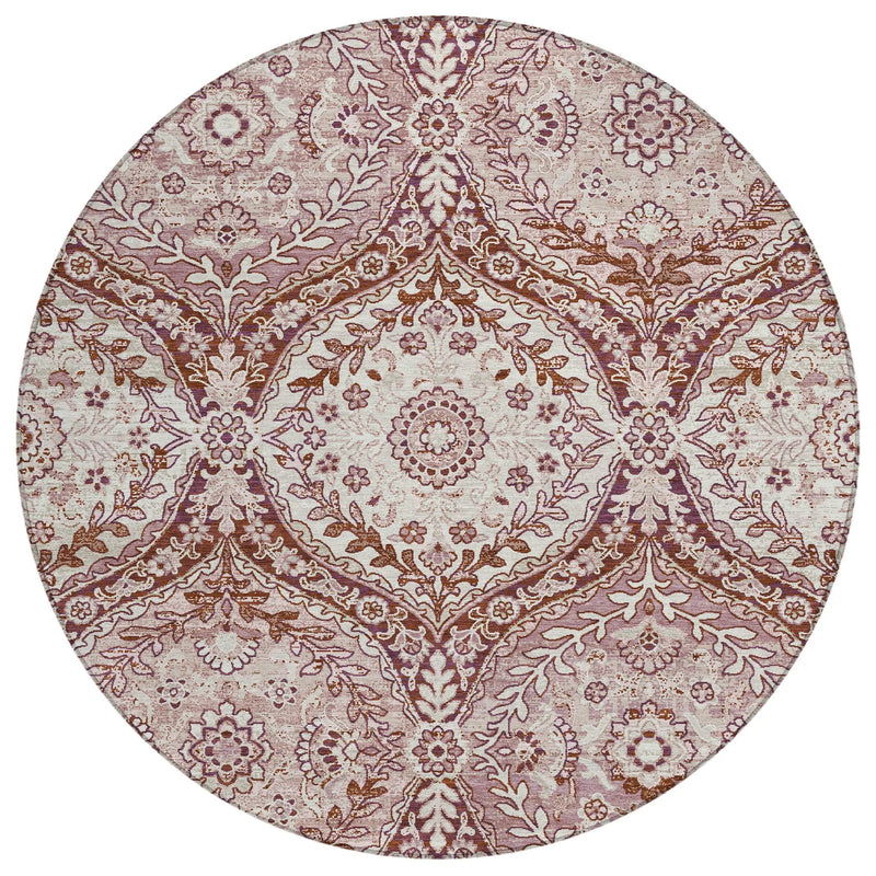 8' Pink And Green Round Ogee Washable Indoor Outdoor Area Rug Homeroots Outdoor
