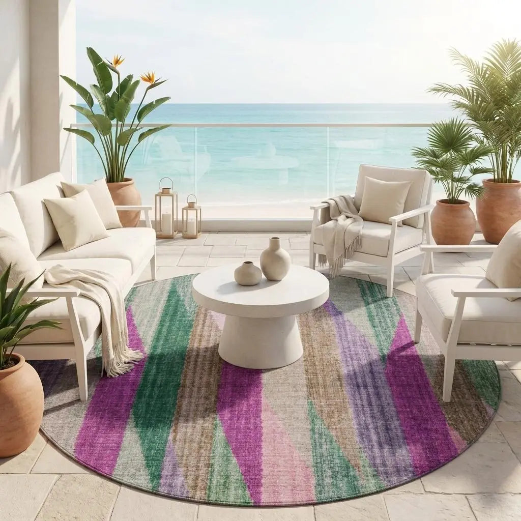 8' Pink And Green Round Striped Washable Indoor Outdoor Area Rug Homeroots Outdoor