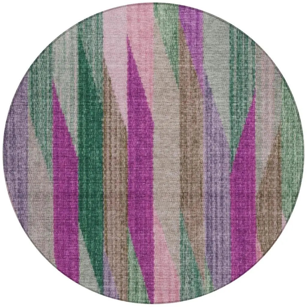 8' Pink And Green Round Striped Washable Indoor Outdoor Area Rug Homeroots Outdoor