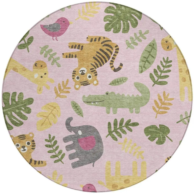 8' Pink And Ivory Round Abstract Washable Indoor Outdoor Area Rug Homeroots Outdoor