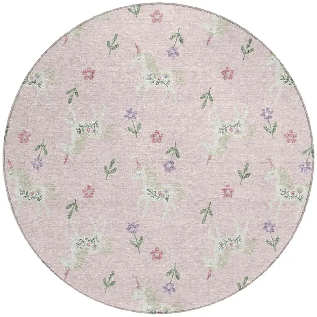 8' Pink And Ivory Round Floral Washable Indoor Outdoor Area Rug Homeroots Outdoor