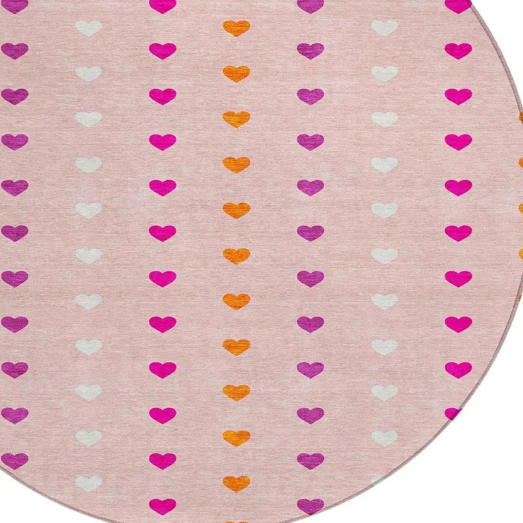 8' Pink And Ivory Round Geometric Washable Indoor Outdoor Area Rug Homeroots Outdoor