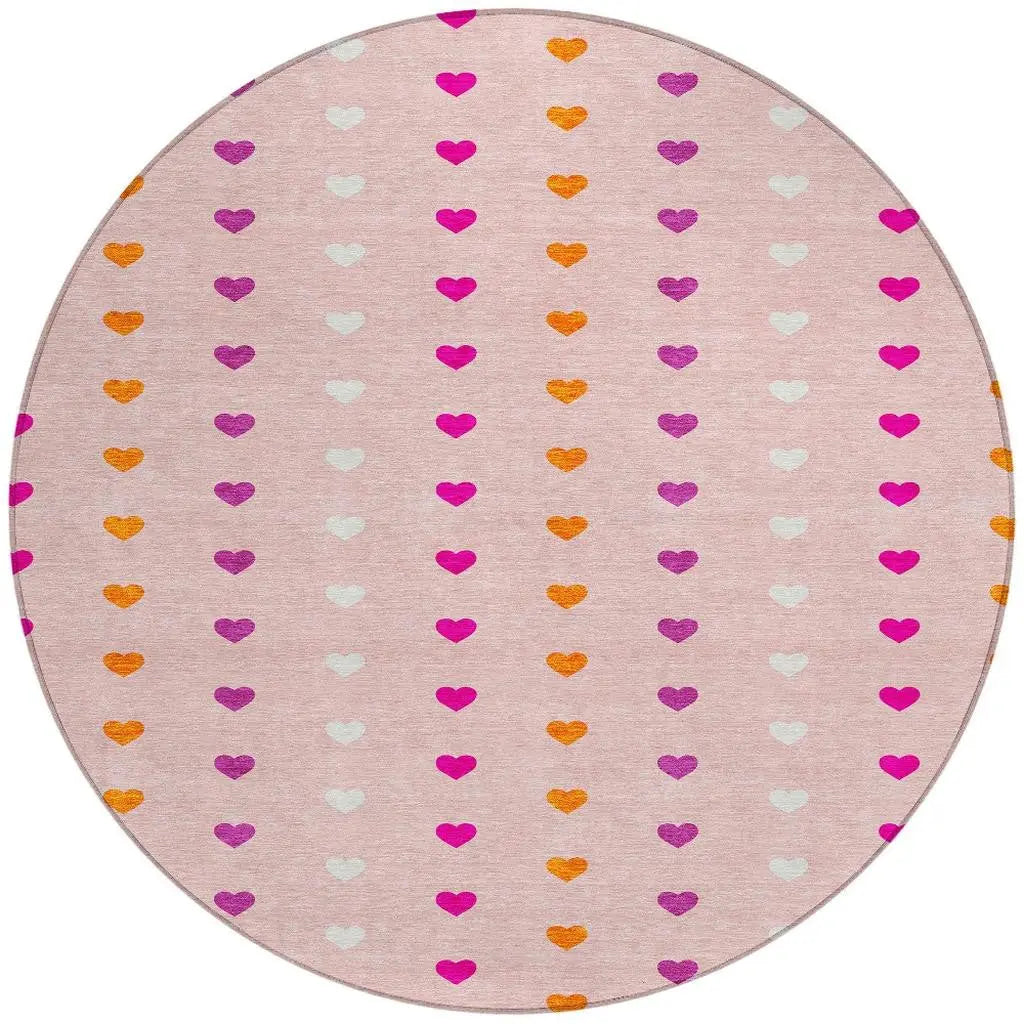 8' Pink And Ivory Round Geometric Washable Indoor Outdoor Area Rug Homeroots Outdoor