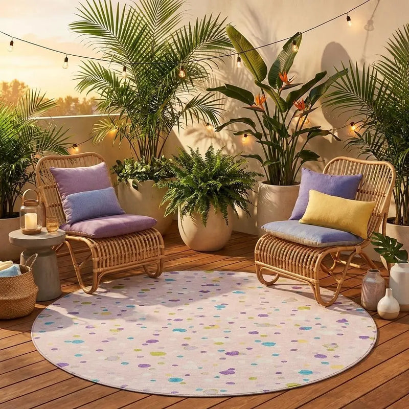 8' Pink And Ivory Round Geometric Washable Indoor Outdoor Area Rug Homeroots Outdoor