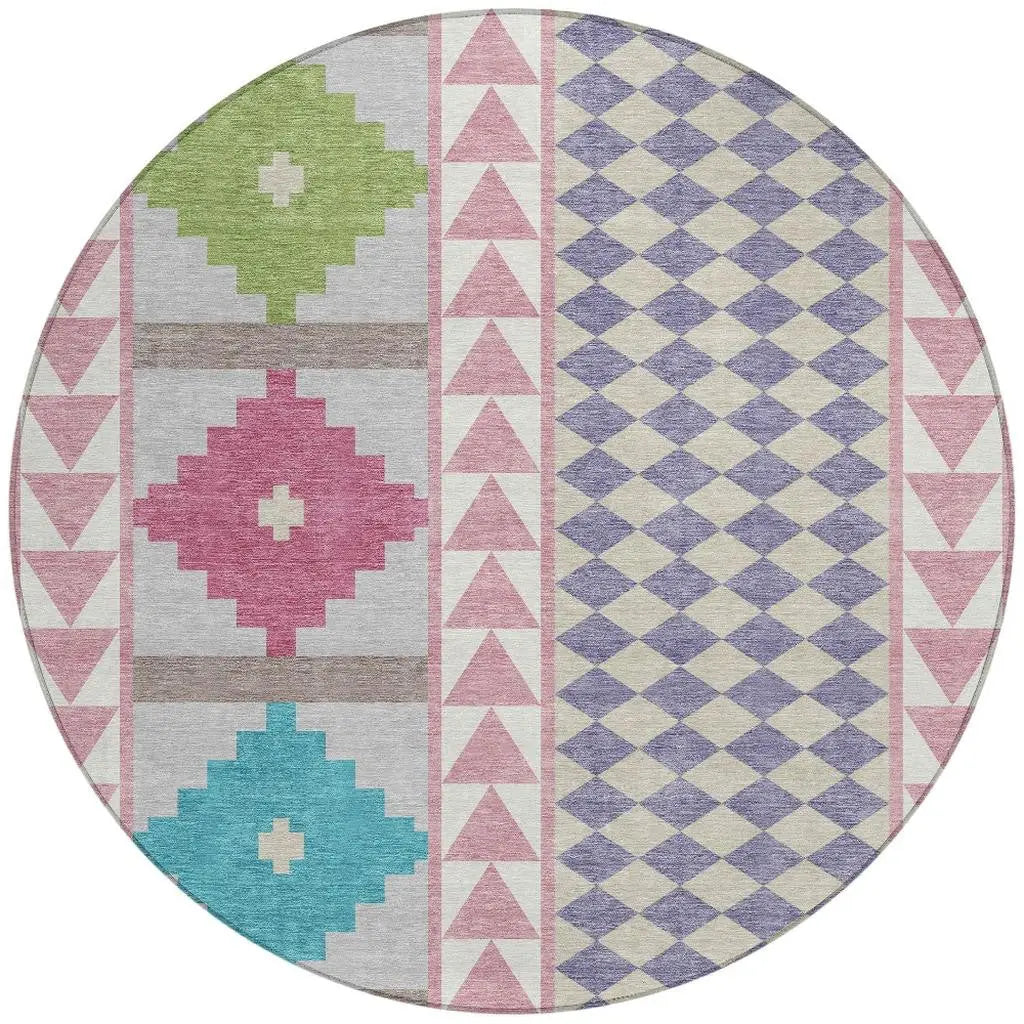 8' Pink And Ivory Round Southwestern Washable Indoor Outdoor Area Rug Homeroots Outdoor