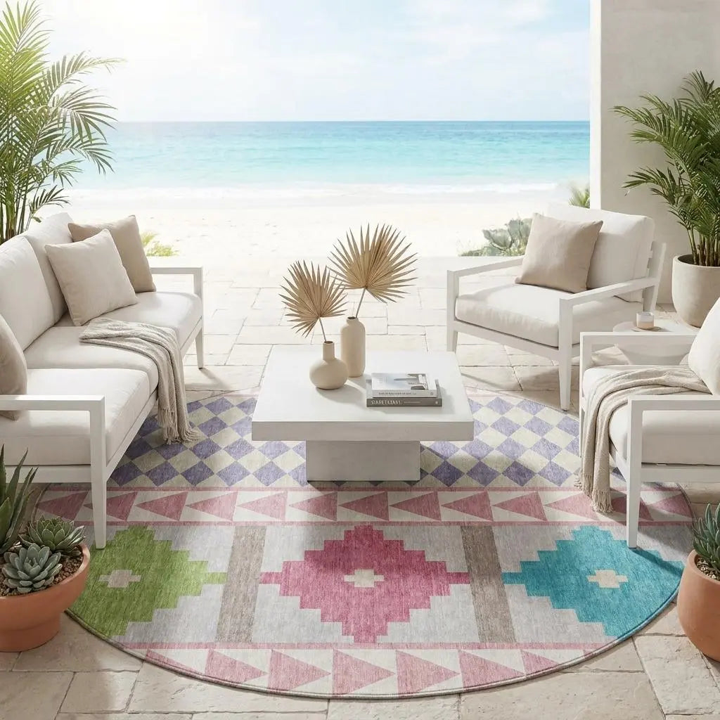 8' Pink And Ivory Round Southwestern Washable Indoor Outdoor Area Rug Homeroots Outdoor