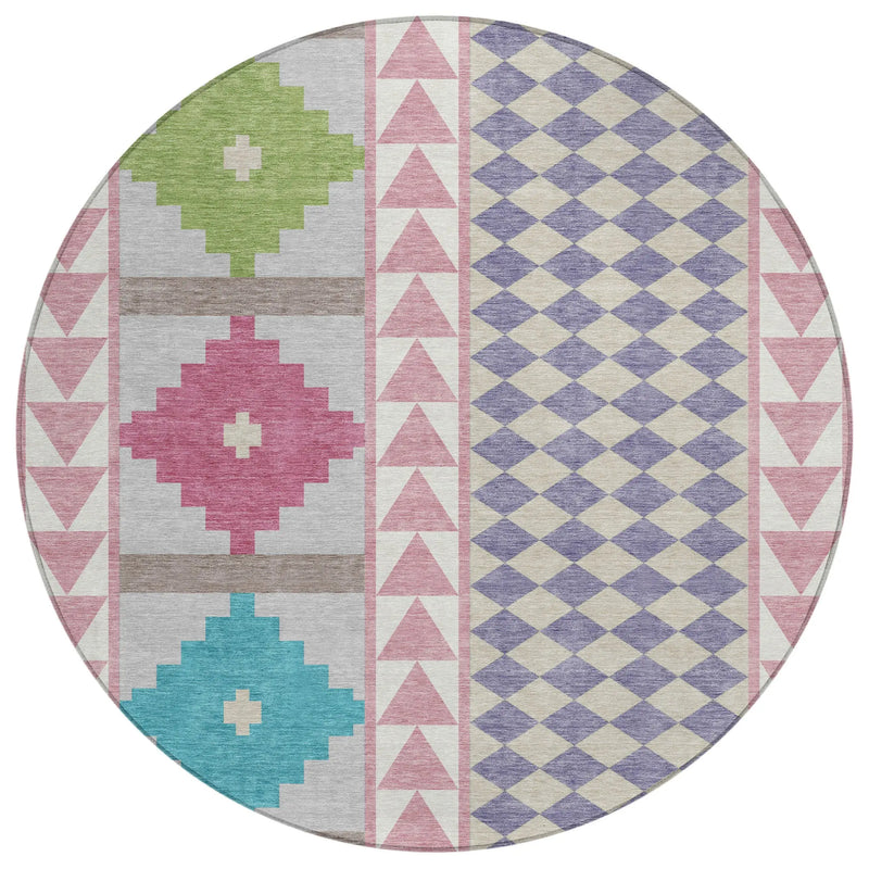 8' Pink And Ivory Round Southwestern Washable Indoor Outdoor Area Rug Homeroots Outdoor