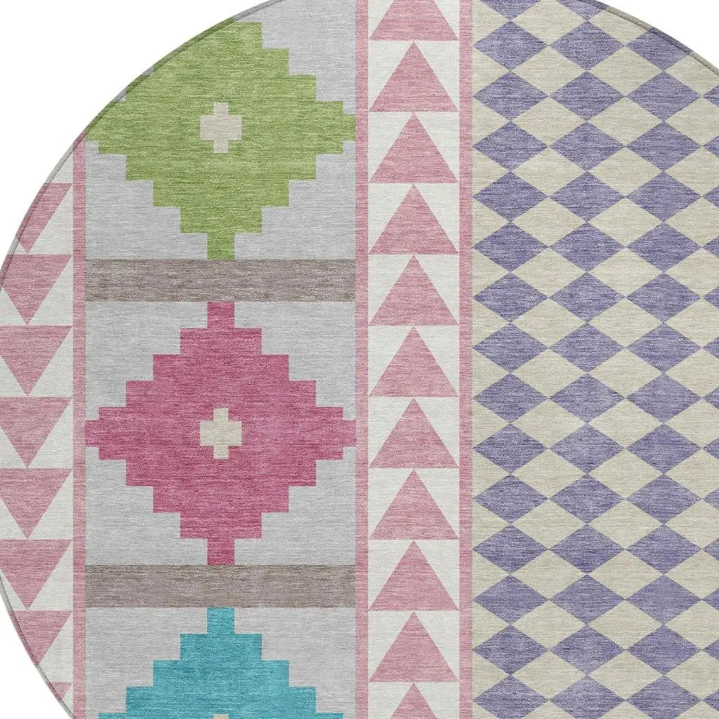 8' Pink And Ivory Round Southwestern Washable Indoor Outdoor Area Rug Homeroots Outdoor