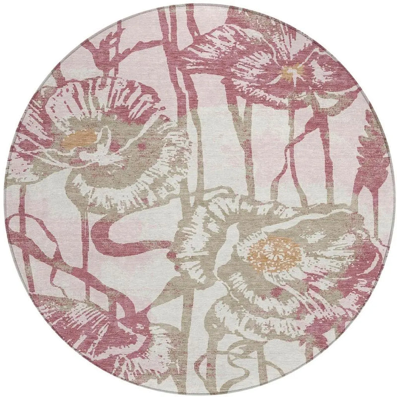 8' Pink And Linen Round Floral Washable Indoor Outdoor Area Rug Homeroots Outdoor