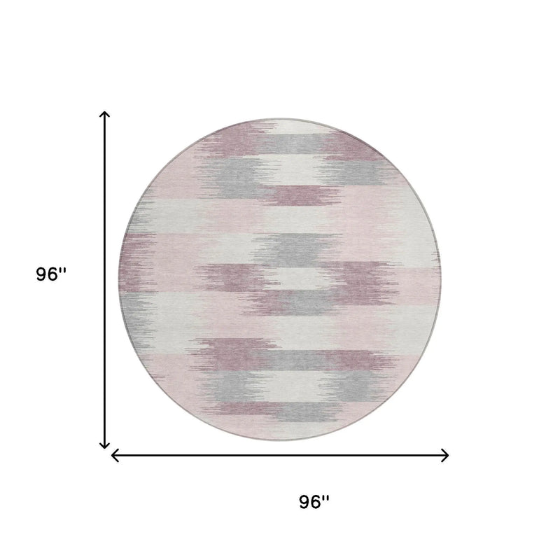 8' Pink And Linen Round Geometric Washable Indoor Outdoor Area Rug Homeroots Outdoor