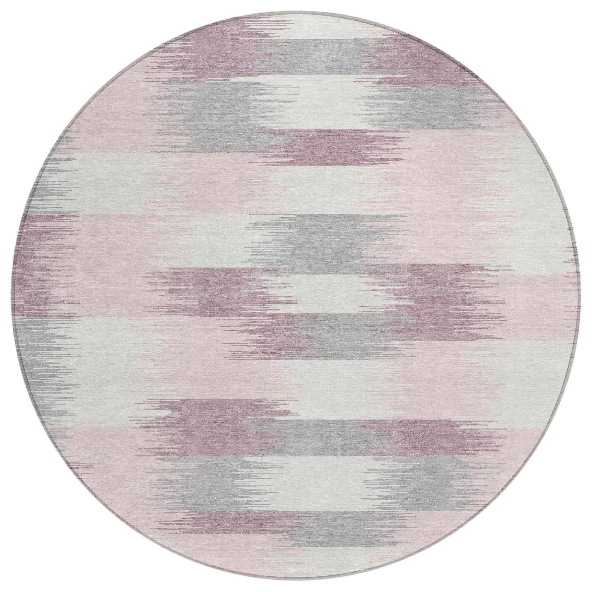 8' Pink And Linen Round Geometric Washable Indoor Outdoor Area Rug Homeroots Outdoor