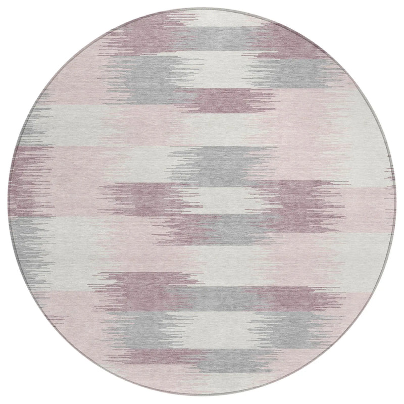 8' Pink And Linen Round Geometric Washable Indoor Outdoor Area Rug Homeroots Outdoor