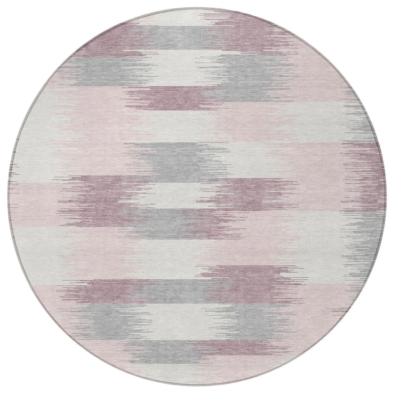 8' Pink And Linen Round Geometric Washable Indoor Outdoor Area Rug Homeroots Outdoor