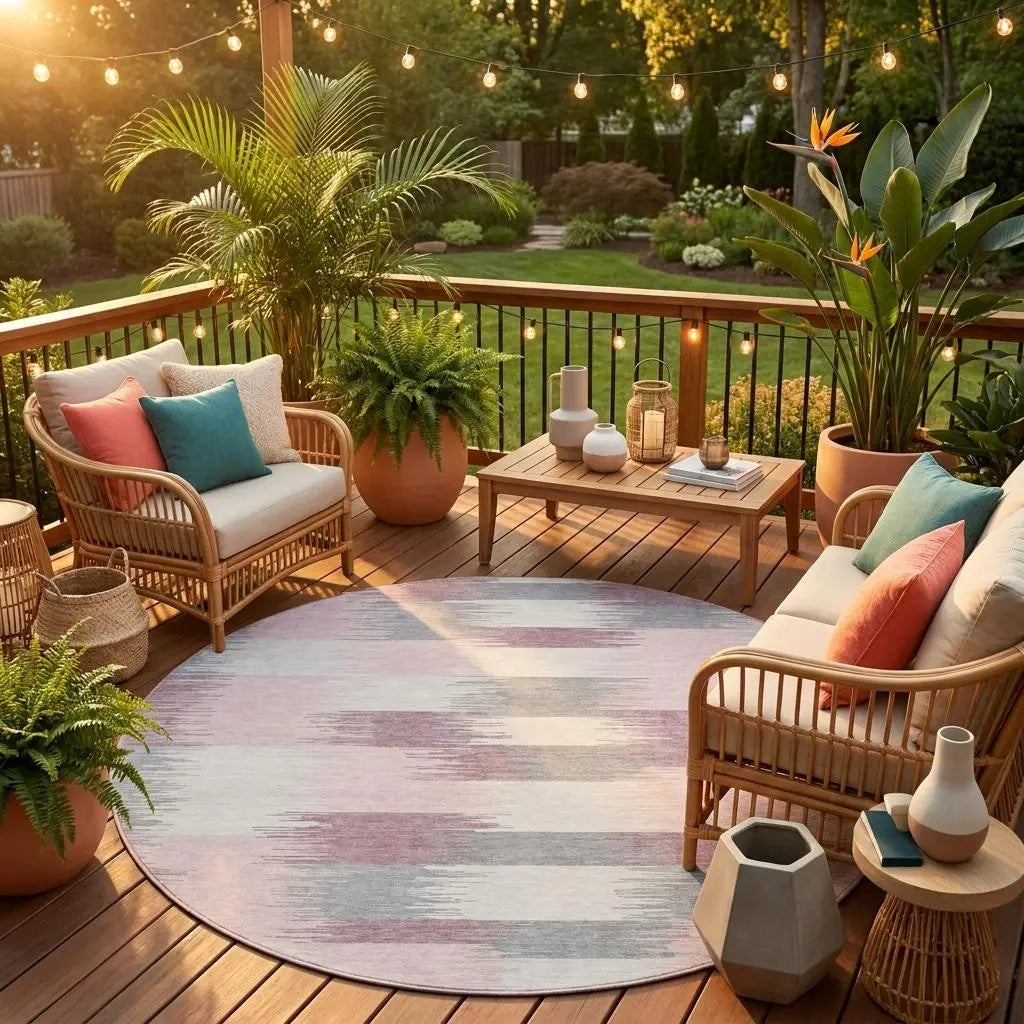 8' Pink And Linen Round Geometric Washable Indoor Outdoor Area Rug Homeroots Outdoor
