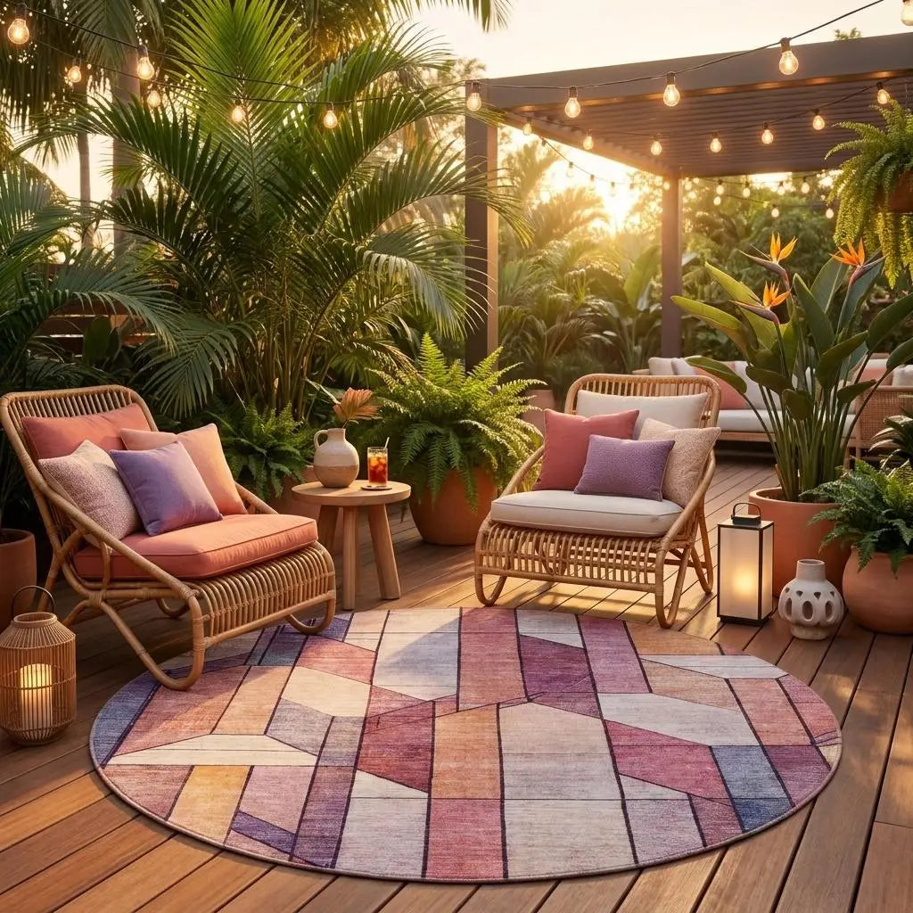 8' Pink And Mauve Round Geometric Washable Indoor Outdoor Area Rug Homeroots Outdoor
