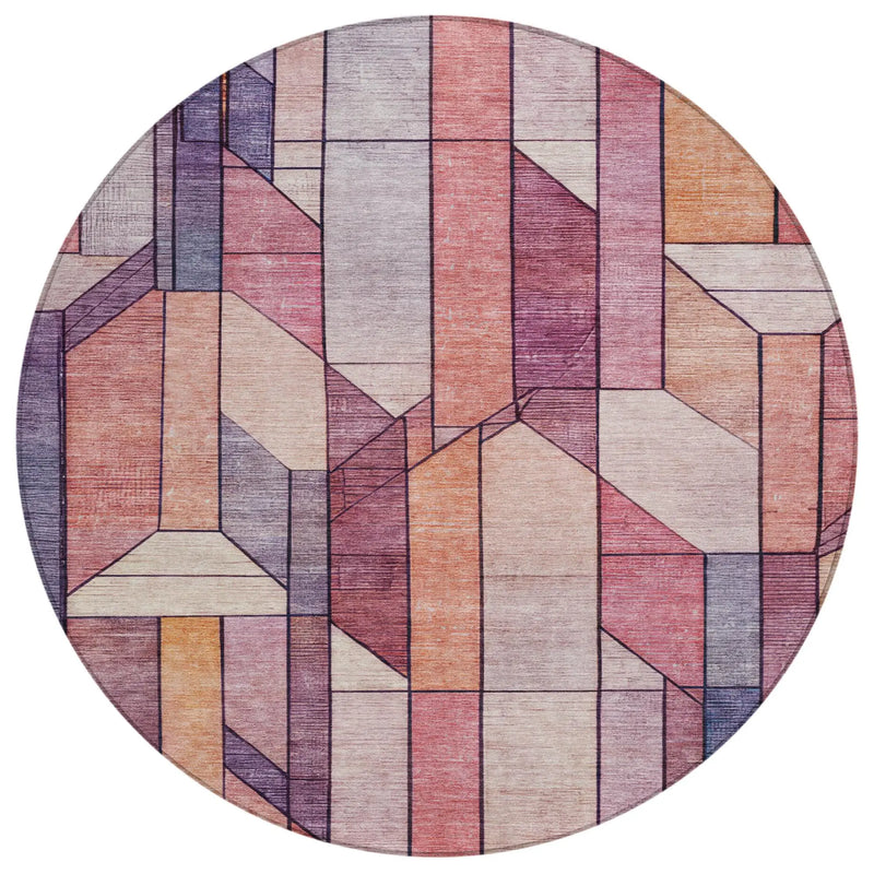 8' Pink And Mauve Round Geometric Washable Indoor Outdoor Area Rug Homeroots Outdoor