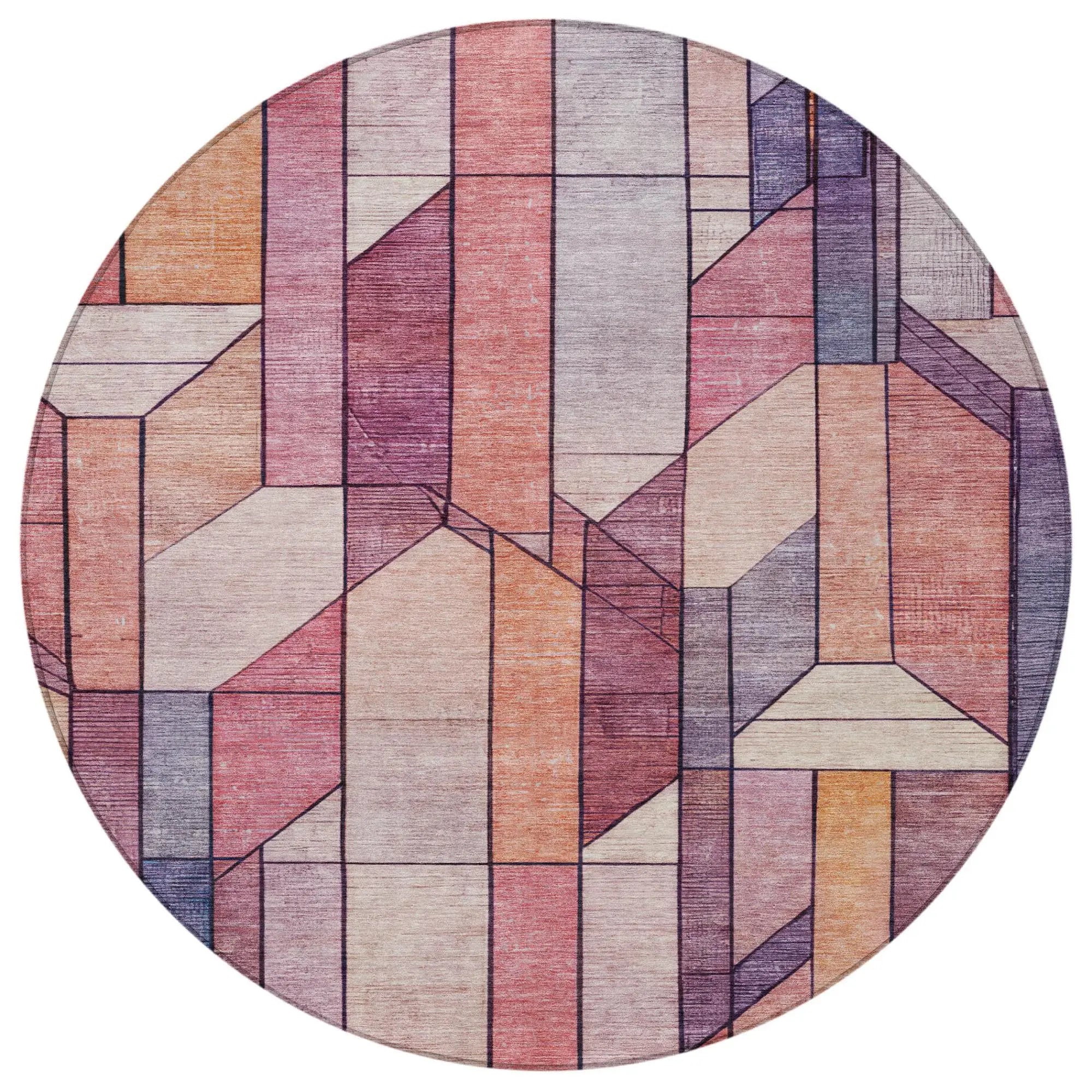 8' Pink And Mauve Round Geometric Washable Indoor Outdoor Area Rug Homeroots Outdoor