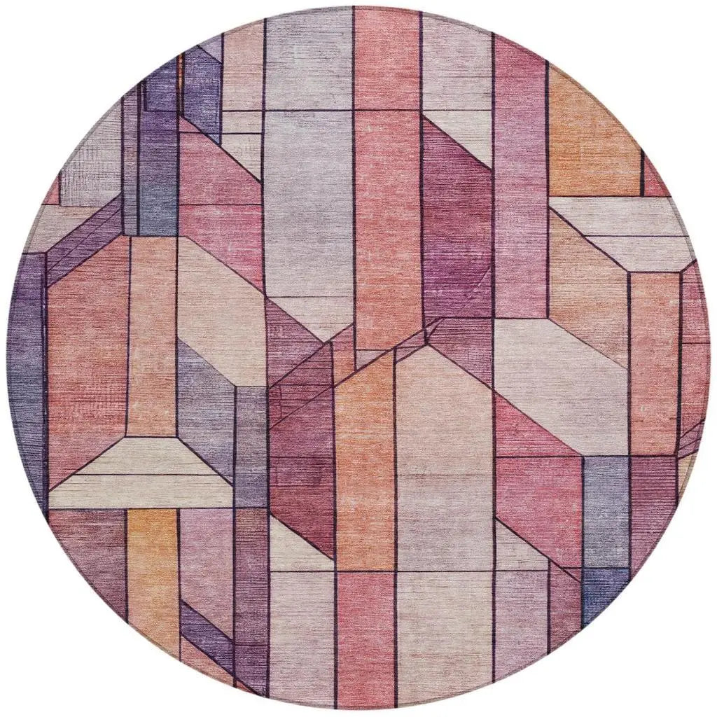 8' Pink And Mauve Round Geometric Washable Indoor Outdoor Area Rug Homeroots Outdoor