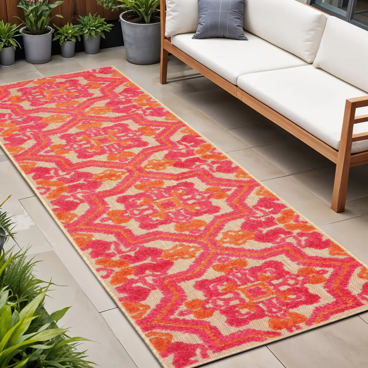 8' Pink And Orange Moroccan Indoor Outdoor Area Rug Homeroots Outdoor