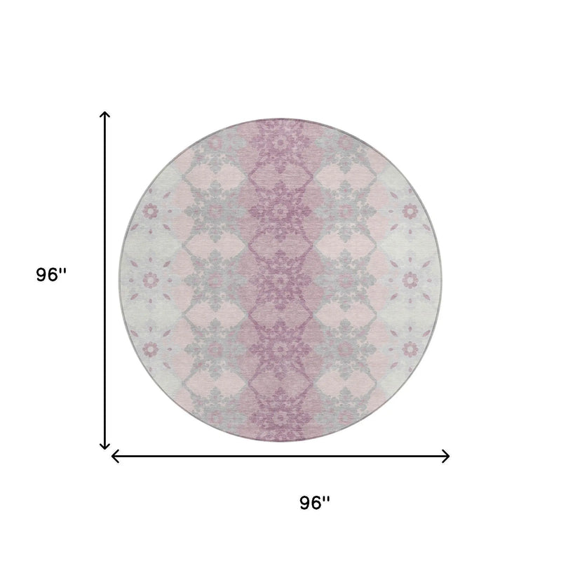 8' Pink And Pearl Round Floral Medallion Washable Indoor Outdoor Area Rug Homeroots Outdoor