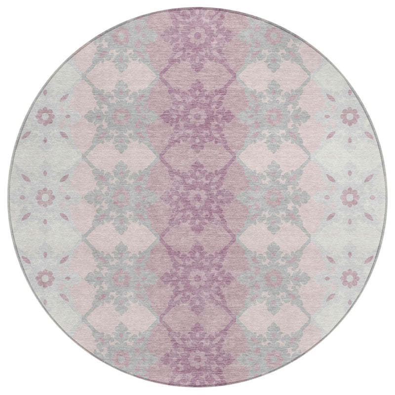 8' Pink And Pearl Round Floral Medallion Washable Indoor Outdoor Area Rug Homeroots Outdoor