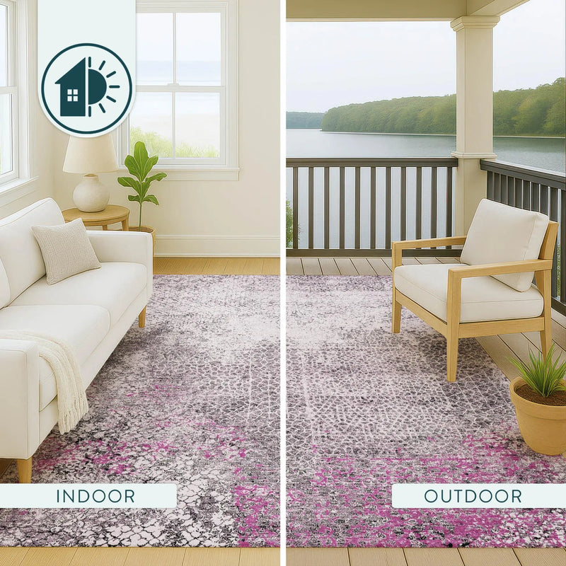 8' Pink And Pewter Round Abstract Washable Indoor Outdoor Area Rug Homeroots Outdoor