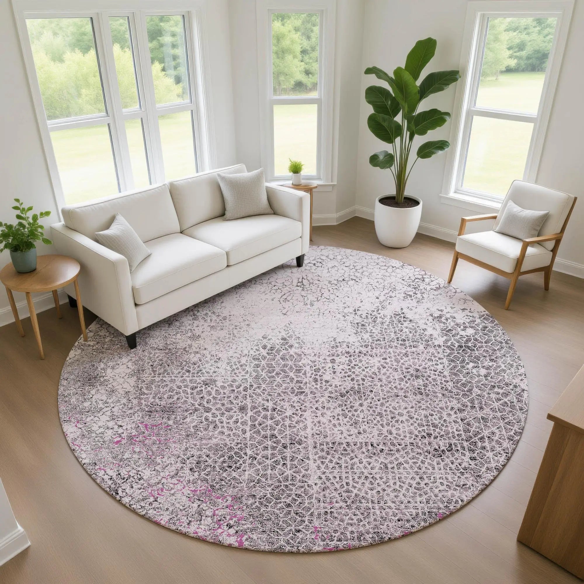 8' Pink And Pewter Round Abstract Washable Indoor Outdoor Area Rug Homeroots Outdoor