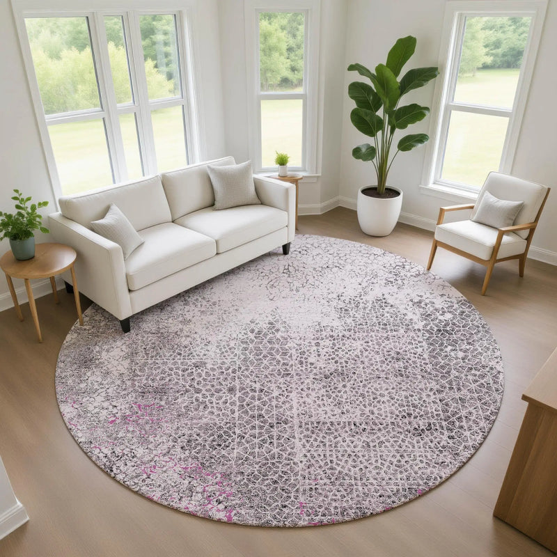 8' Pink And Pewter Round Abstract Washable Indoor Outdoor Area Rug Homeroots Outdoor