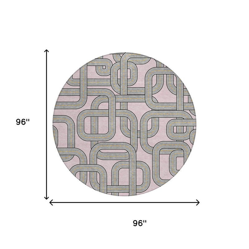 8' Pink And Pewter Round Geometric Washable Indoor Outdoor Area Rug Homeroots Outdoor