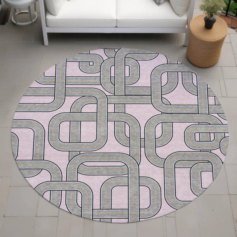 8' Pink And Pewter Round Geometric Washable Indoor Outdoor Area Rug Homeroots Outdoor