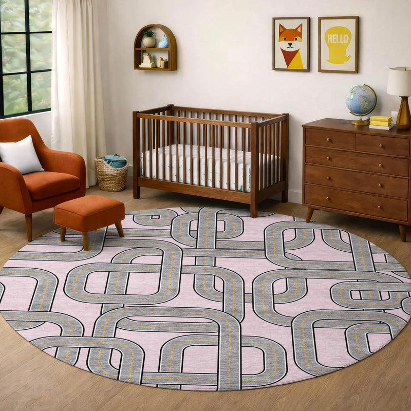 8' Pink And Pewter Round Geometric Washable Indoor Outdoor Area Rug Homeroots Outdoor