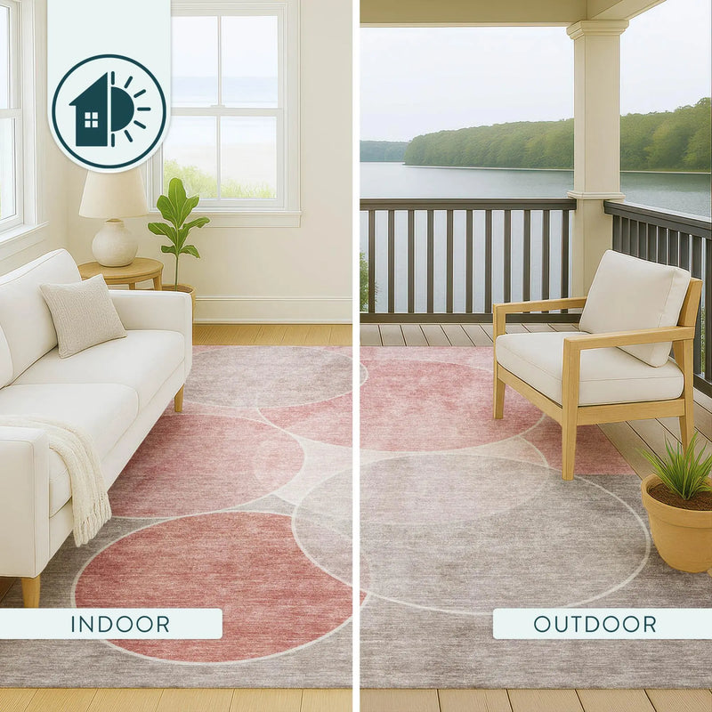 8' Pink And Pewter Round Geometric Washable Indoor Outdoor Area Rug Homeroots Outdoor