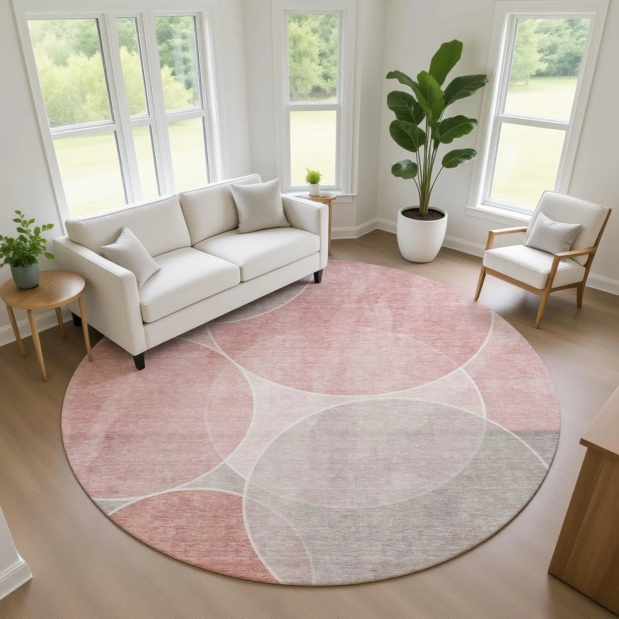 8' Pink And Pewter Round Geometric Washable Indoor Outdoor Area Rug Homeroots Outdoor