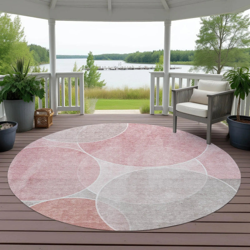 8' Pink And Pewter Round Geometric Washable Indoor Outdoor Area Rug Homeroots Outdoor